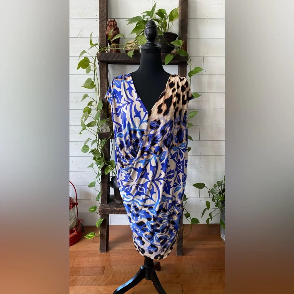 Nine West: Blue V Neck Mixed Animal and Floral Print Dress